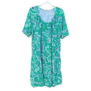 Soft Surroundings Ilana Tiered Midi Dress Green Leaf Ikat Plus 2X Slub Stretch
